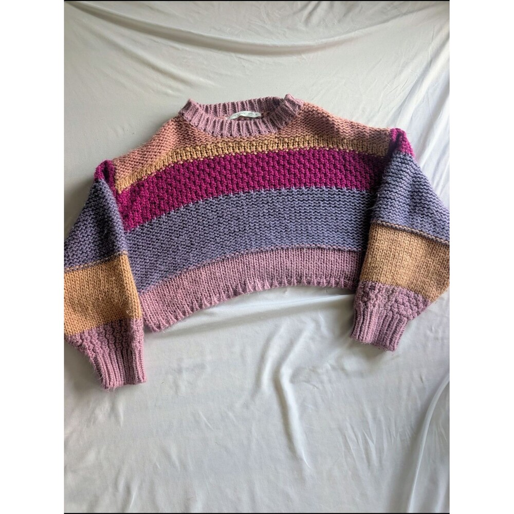 Altar'd State Cropped Striped Crewneck Sweater in Pink, Lavender & Gold